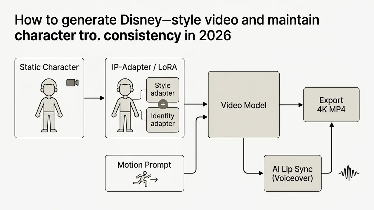 Process diagram showing steps from static character input to video model processing and final 4K export