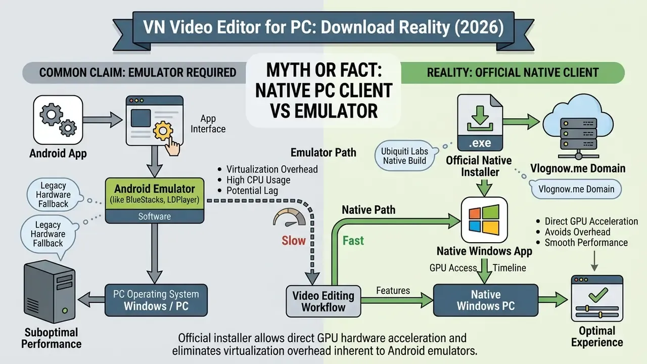 Comparison diagram showing the performance differences between using Android emulators and native Windows installers