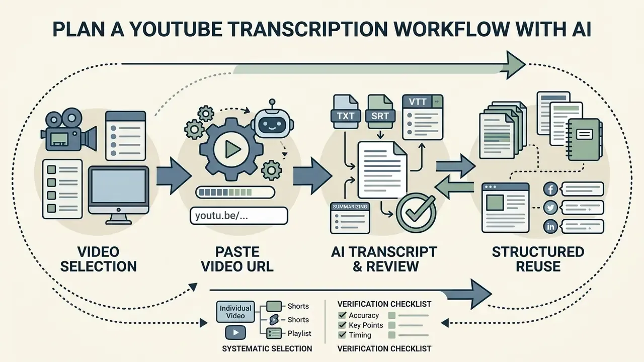 Sequence showing video selection, URL submission, AI transcript review, and content repurposing