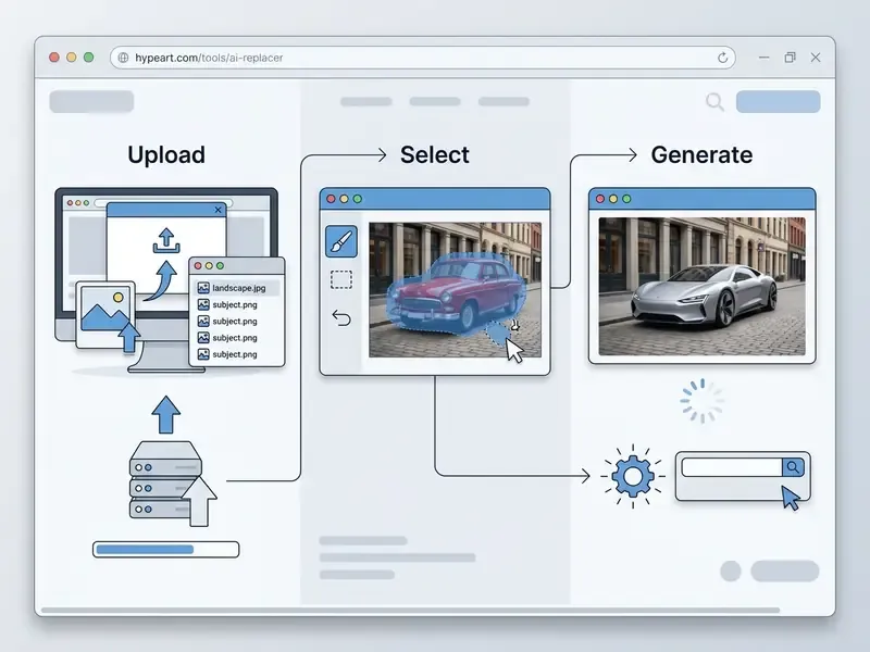Numbered process showing file upload, object masking on a photo, and final AI generation of a new car