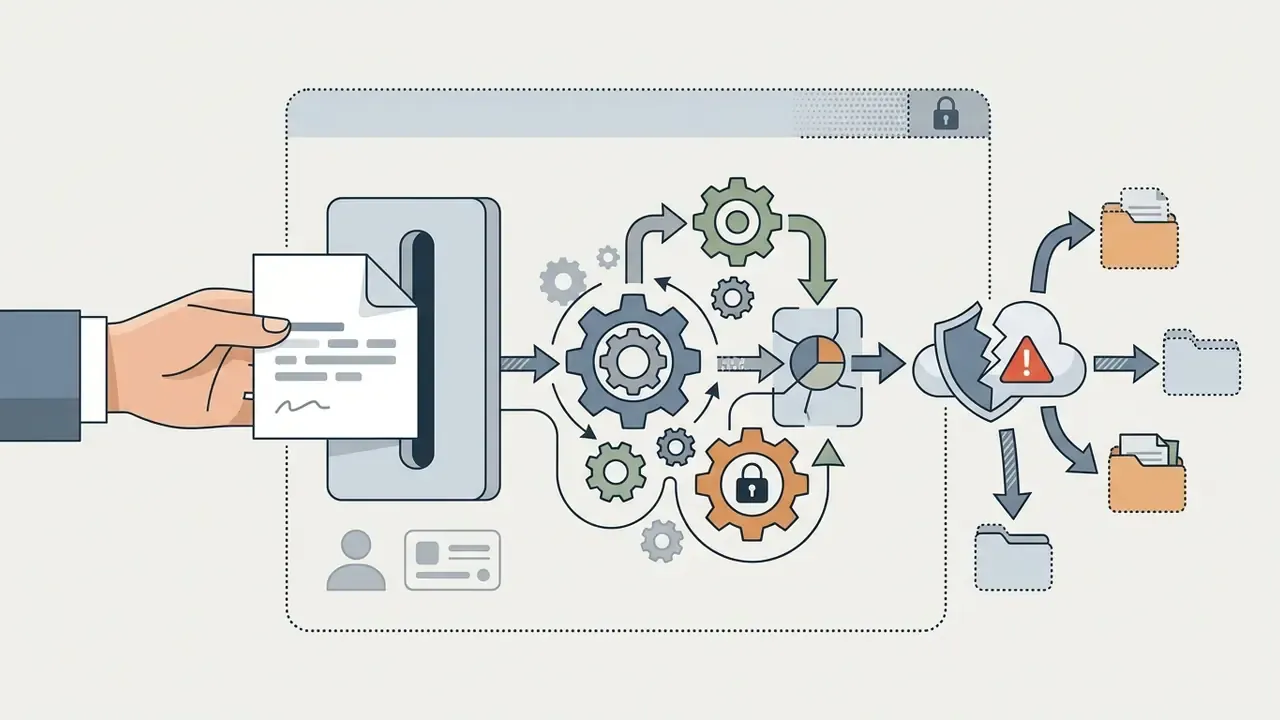 Hand inserting a document into a processor that feeds data through gears toward a broken cloud shield