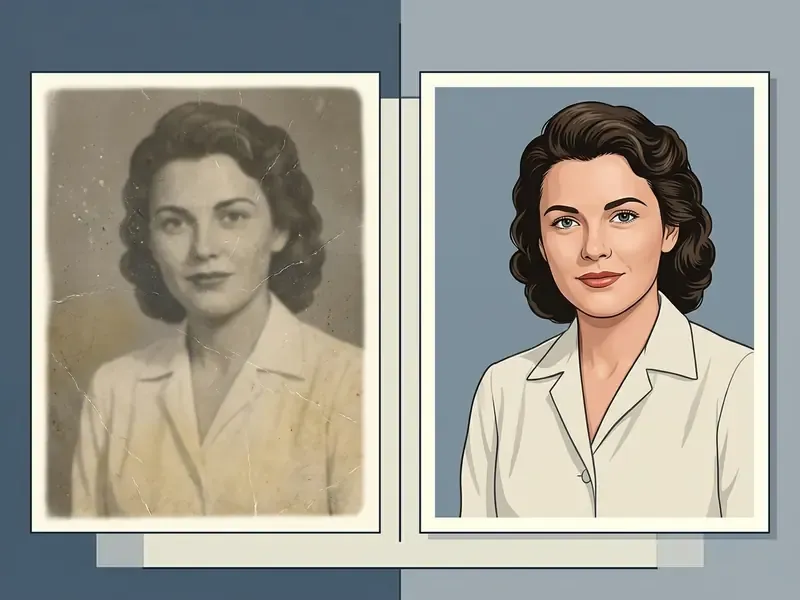 Split screen showing a damaged, grainy vintage portrait next to a clean, restored version of the same woman