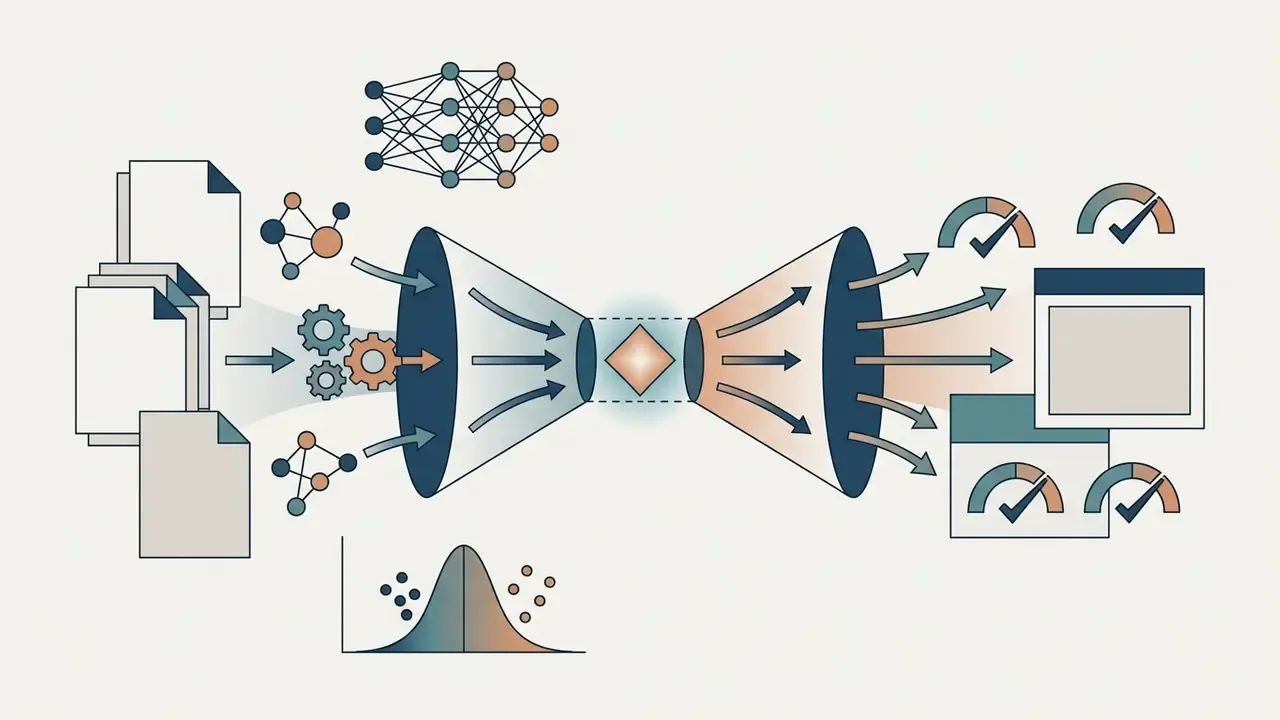 Data flowing through a funnel into a central bottleneck and expanding into output gauges and windows