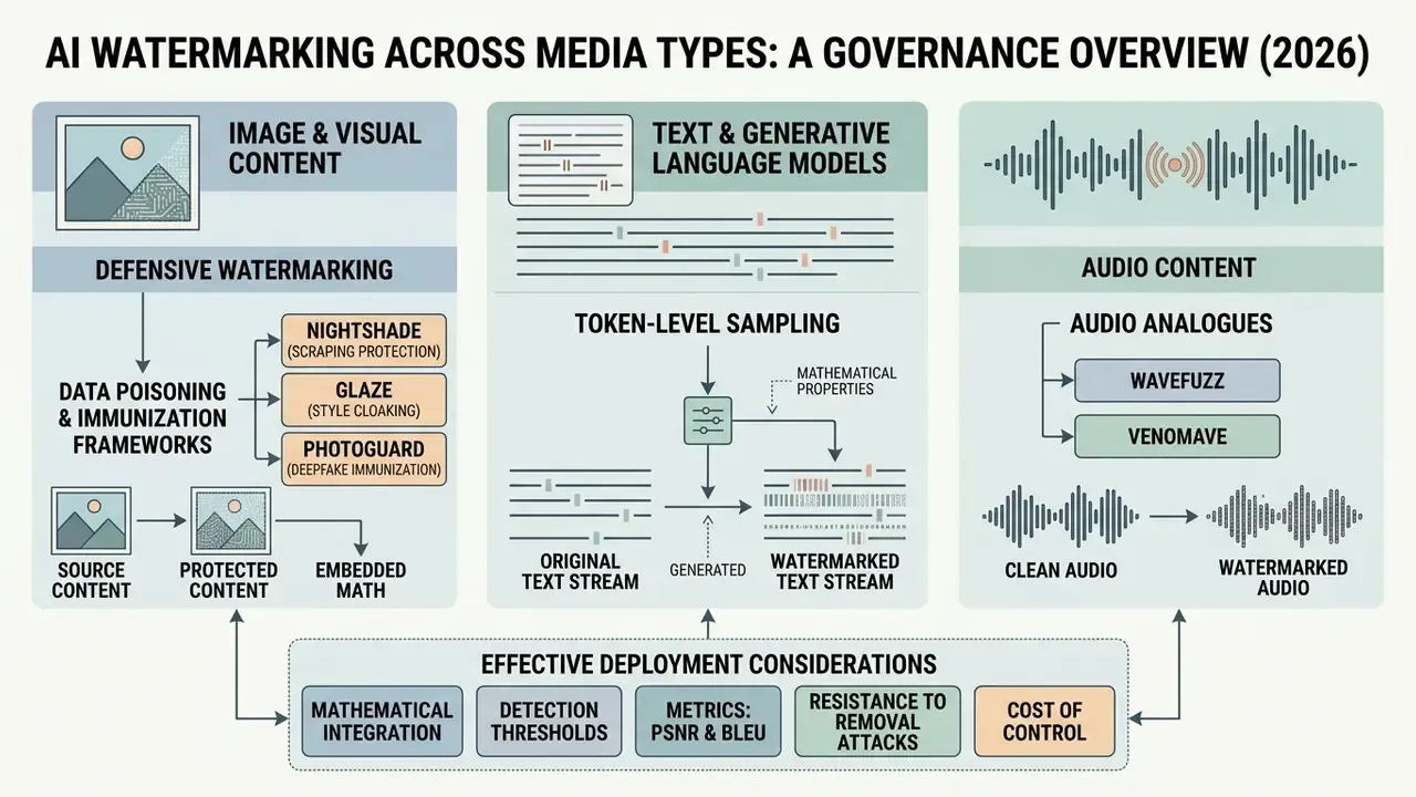 Diagram comparing technical watermarking methods across image, text, and audio media types