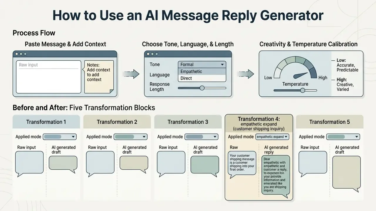 Step-by-step guide showing input configuration and five transformation modules for an AI message reply generator