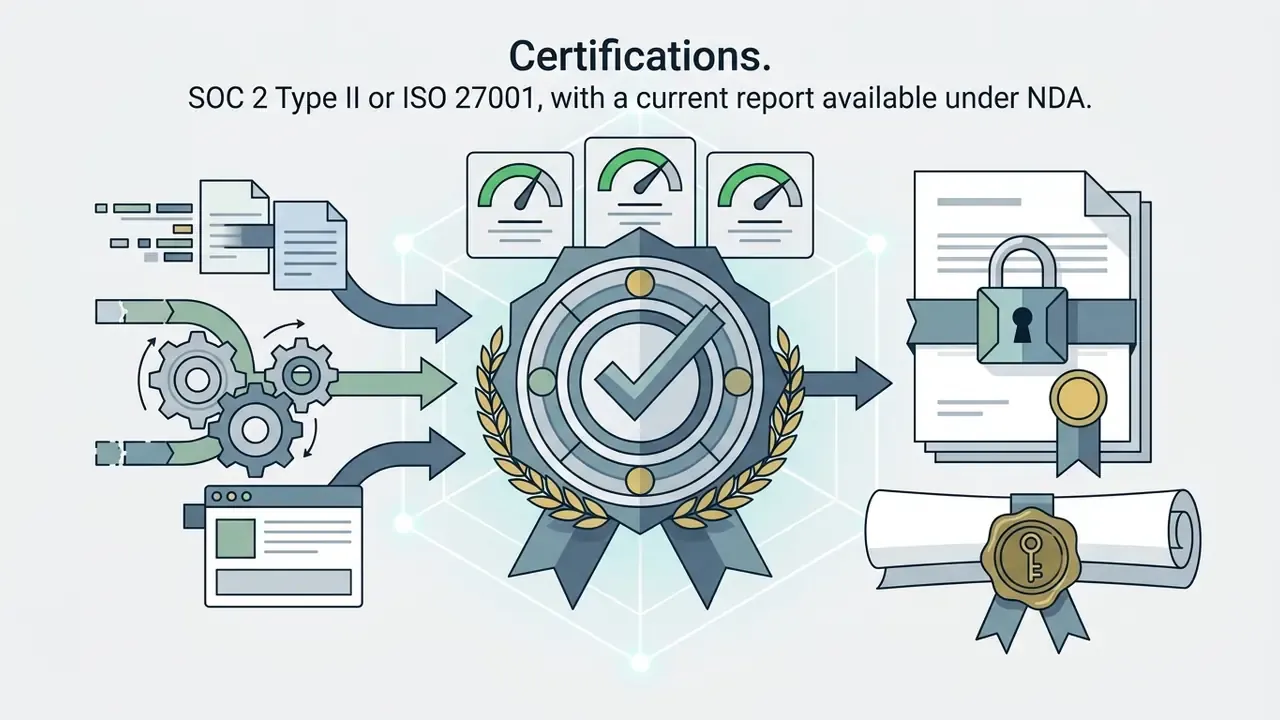 Data processing icons flowing into a central certification badge with locked and sealed report files