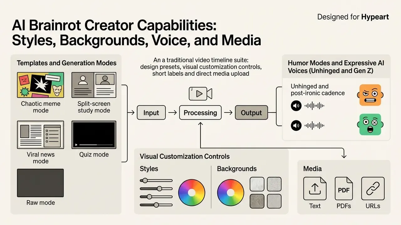 Conceptual overview of video generation modes, visual customization controls, and expressive AI voice options