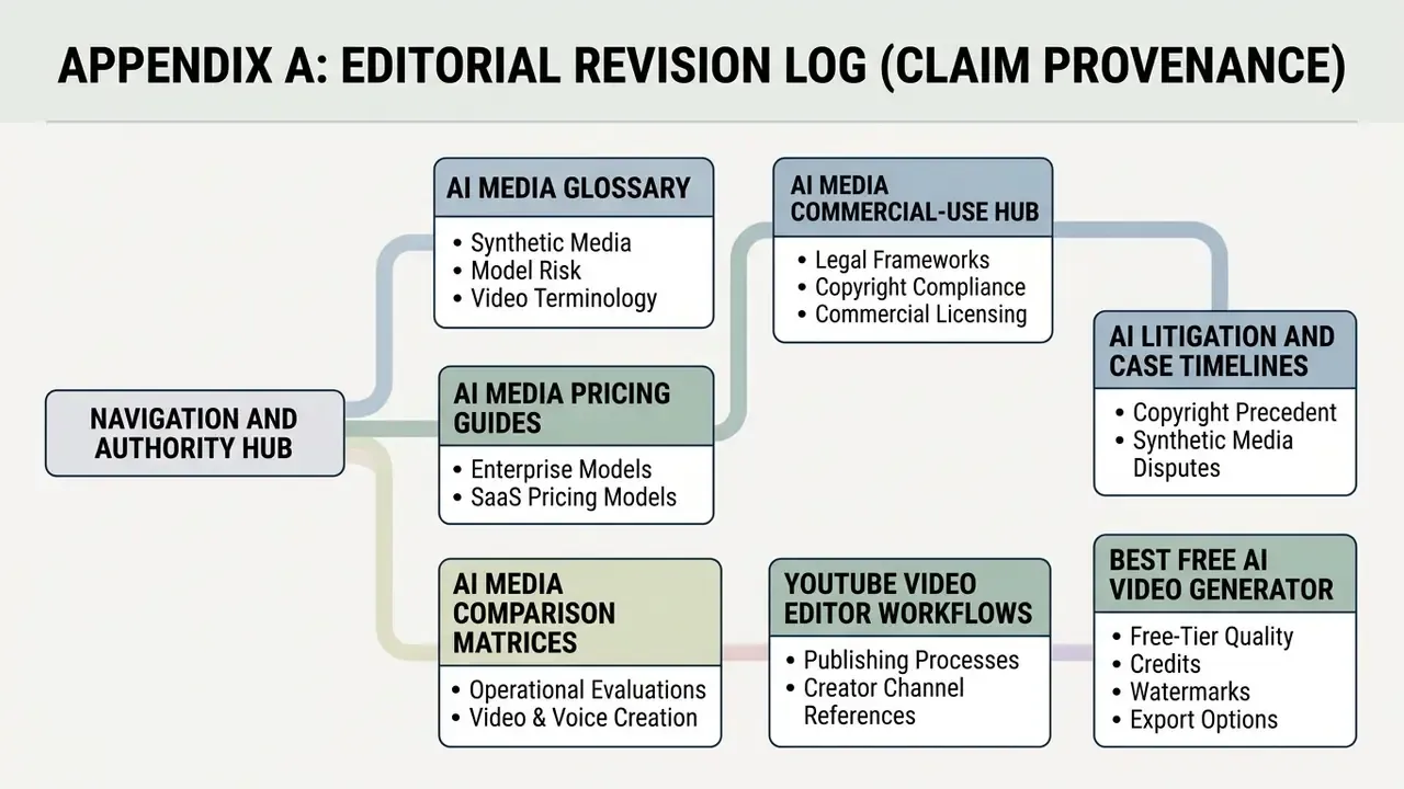 Branching map connecting a central navigation hub to various categories of AI media resources and workflows