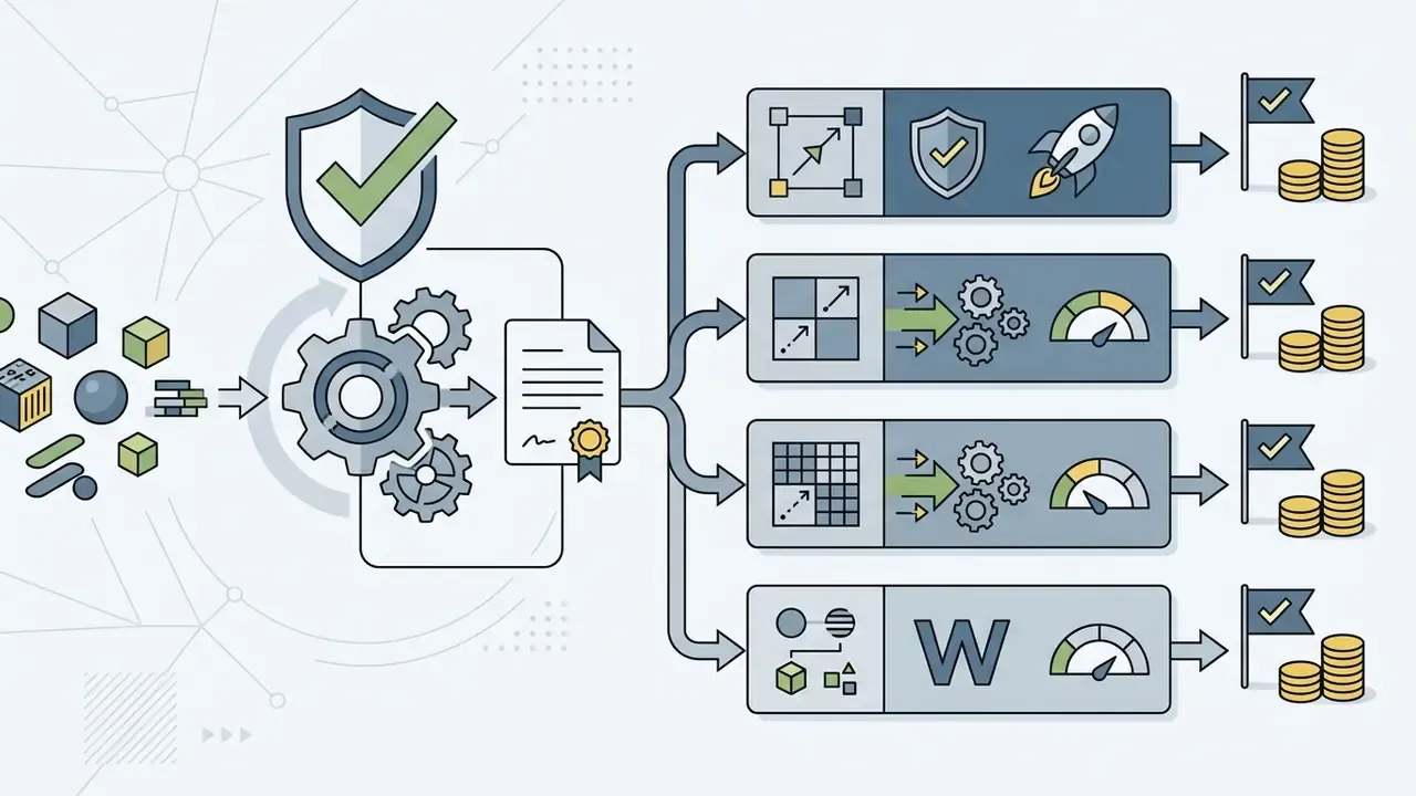 Geometric shapes flowing through a gear and document processor into four tiered subscription pathways