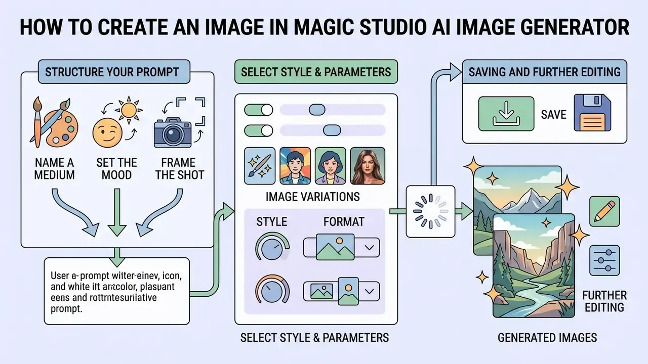 Infographic detailing the process of writing prompts, selecting style parameters, and editing output images