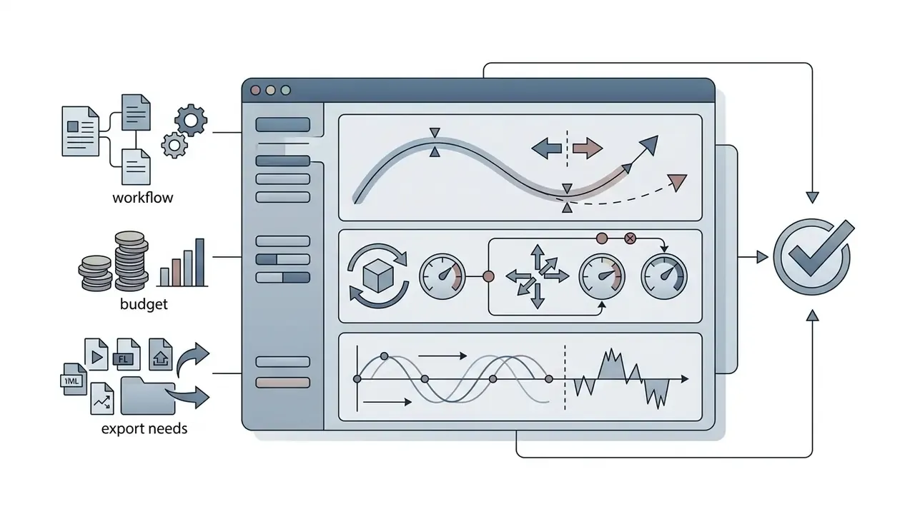 Dashboard interface displaying motion trajectory curves, camera control gauges, and wave frequency data