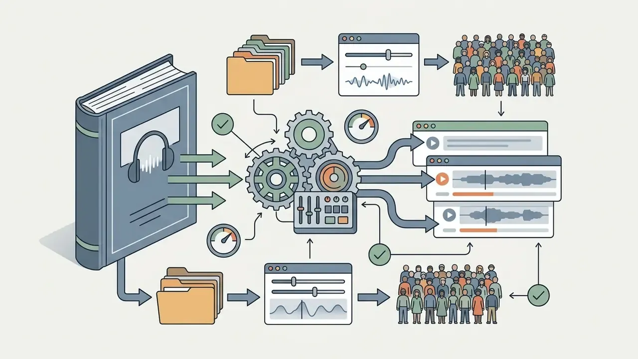 Book manuscript files flowing through a gear processing system into audio narration and audience outputs