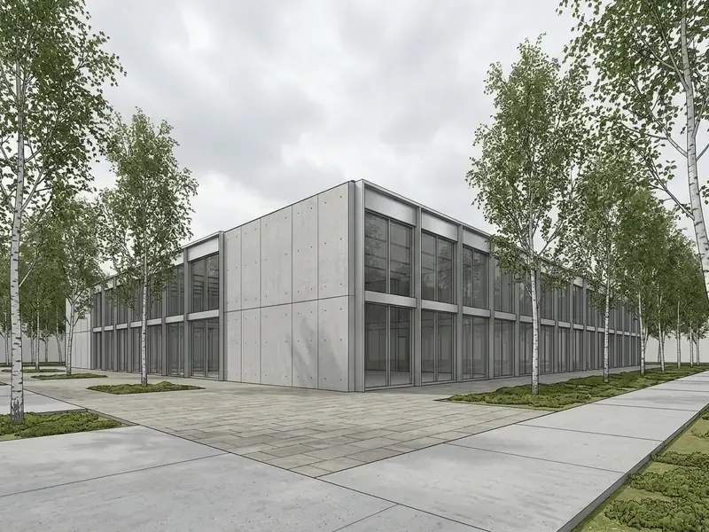 Low-rise concrete and brushed aluminium office building surrounded by birch trees under an overcast sky
