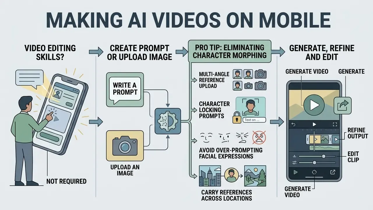 Flowchart outlining steps to generate, refine, and edit videos using a free AI video generator mobile app