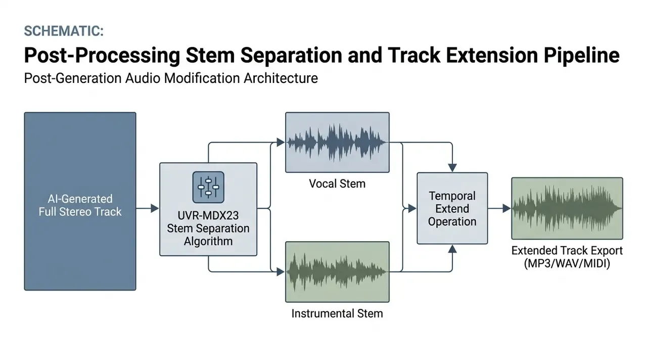 Diagram showing a stereo track split into vocal and instrumental stems before undergoing temporal extension