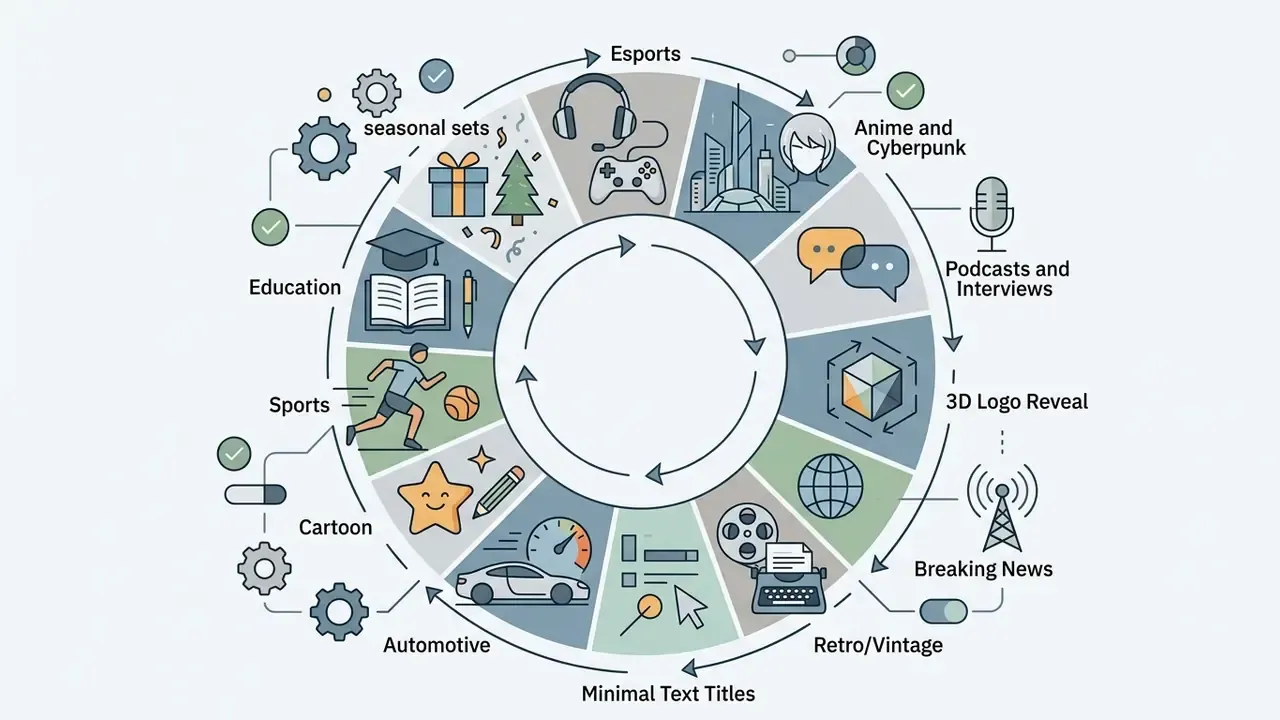 Circular graphic showing various video content categories like esports, sports, and education