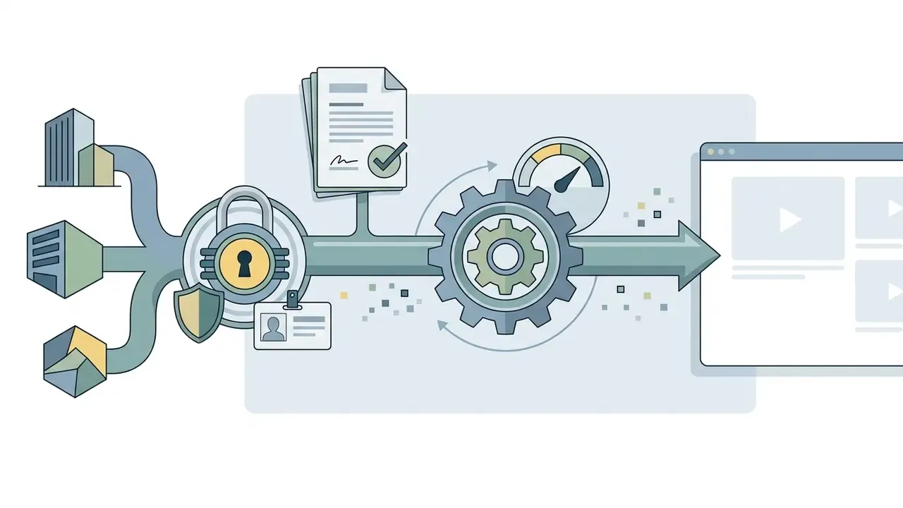 Centralized workflow diagram showing business units merging into a secured pipeline with document verification