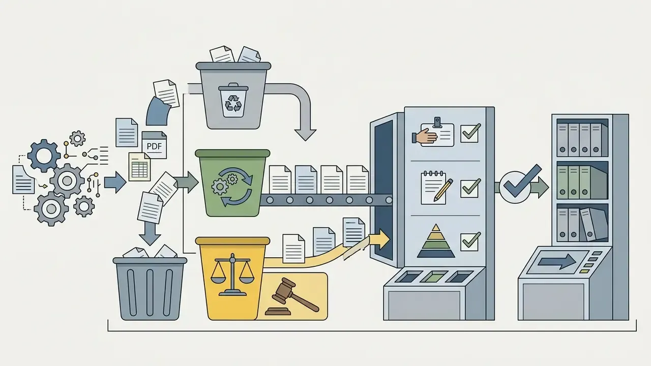Files flowing through processing bins into a triage system for storage in a filing cabinet