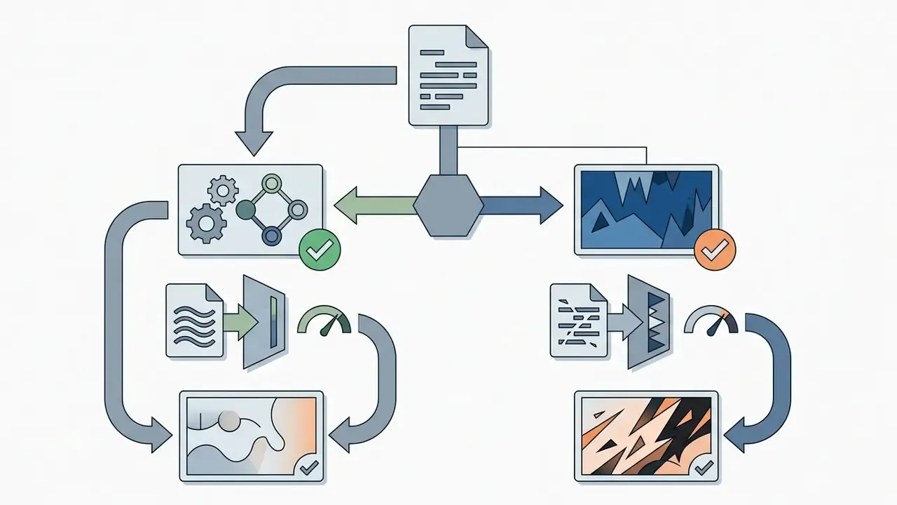 Document processing flow with gear icons and speed gauges leading to two distinct visual output styles