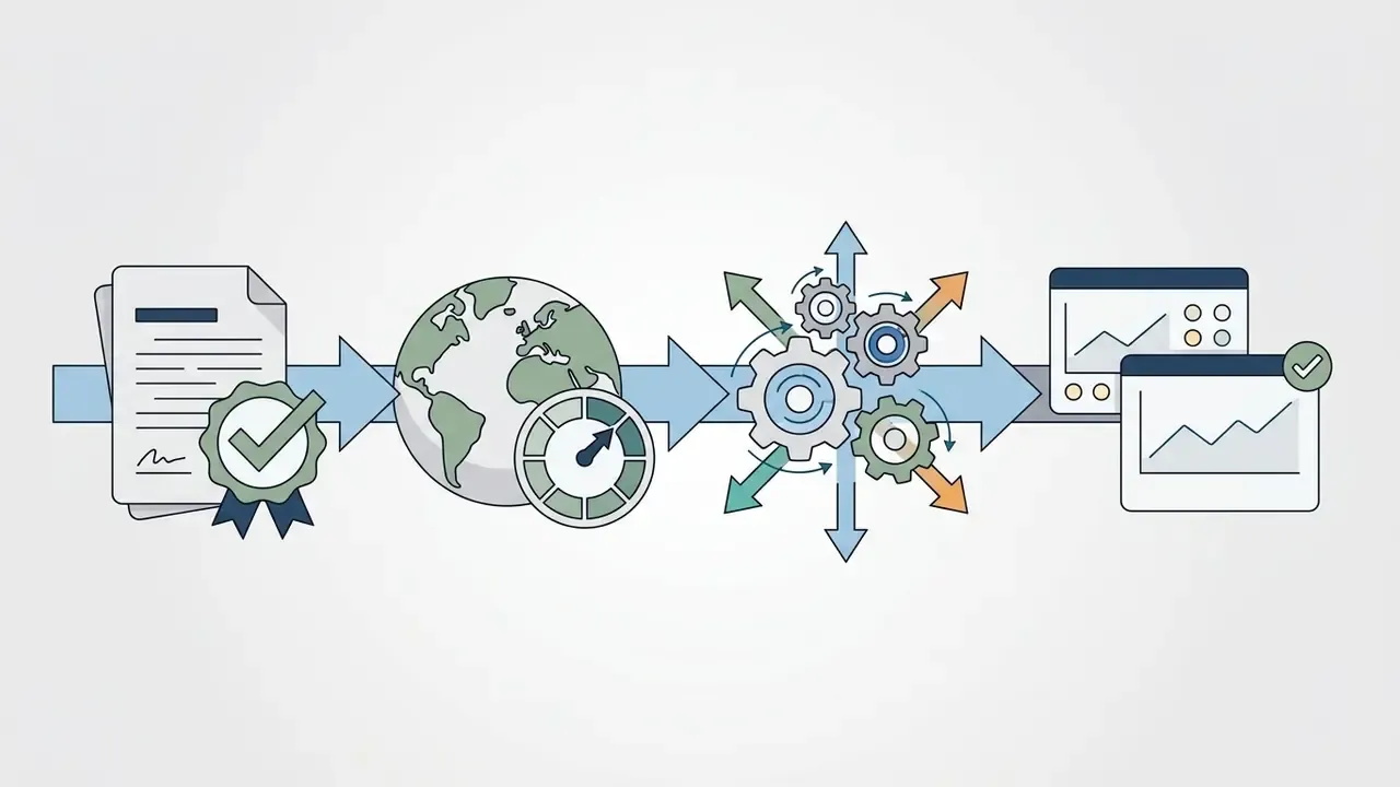 Flowchart showing legal approval and global distribution channels leading to gear processing and analytics