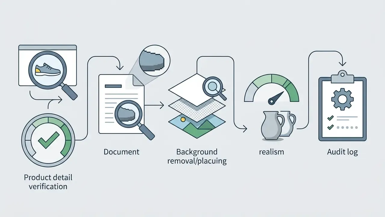 Sequence of steps for product detail verification, background removal, realism assessment, and audit logging