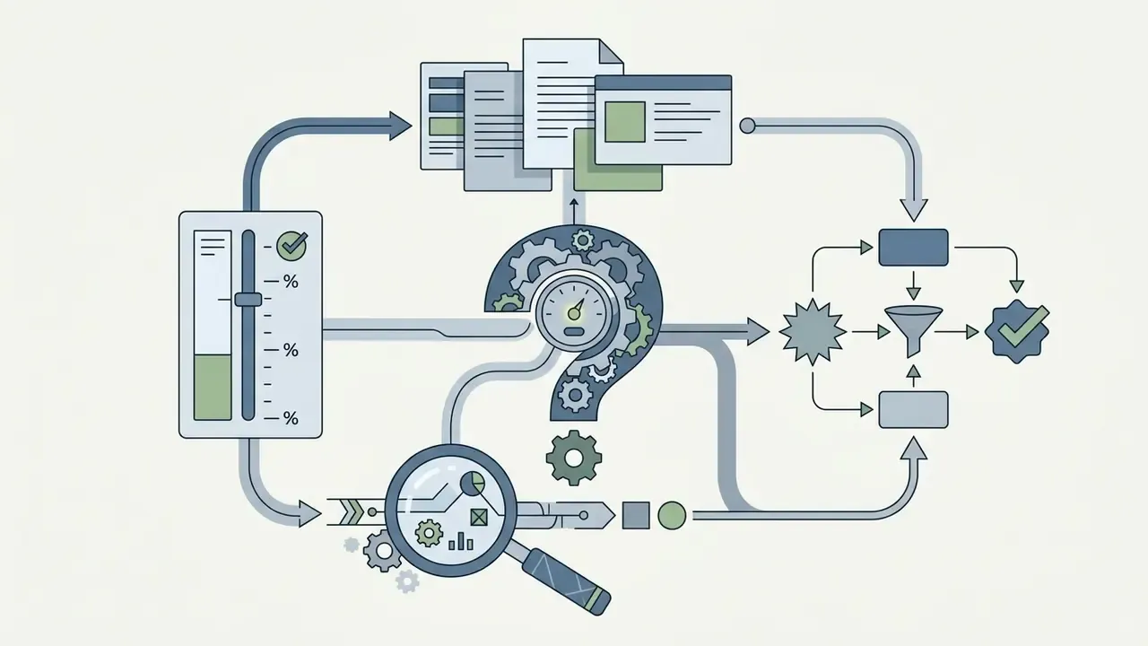 Question mark shape formed by gears connecting a slider, magnifying glass, and a data filtering process