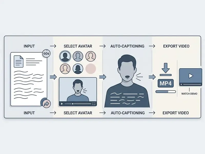 Step-by-step workflow showing script input, avatar selection, auto-captioning, and MP4 file export