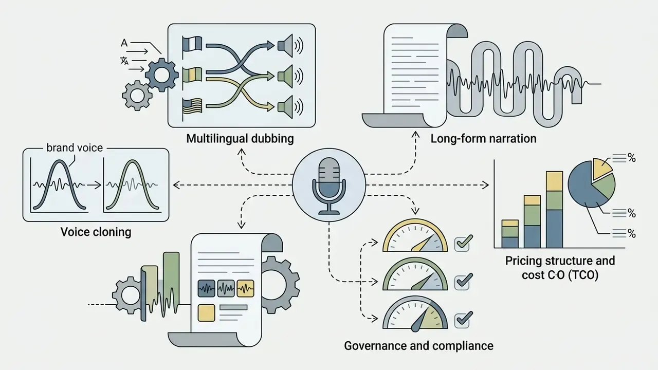 Microphone hub connecting to voice cloning, dubbing, narration, compliance gauges, and pricing charts
