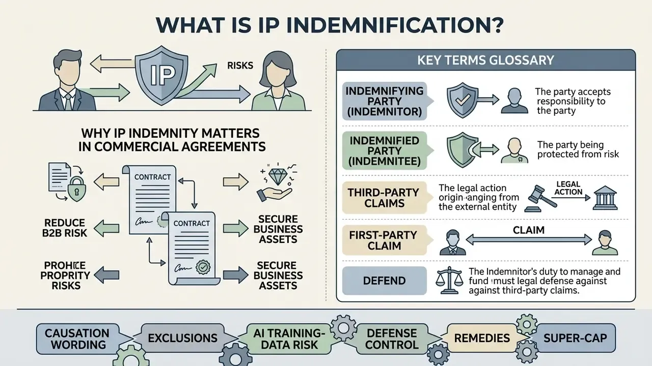Infographic explaining IP indemnification through key terms, risk-shifting mechanisms, and contract roles