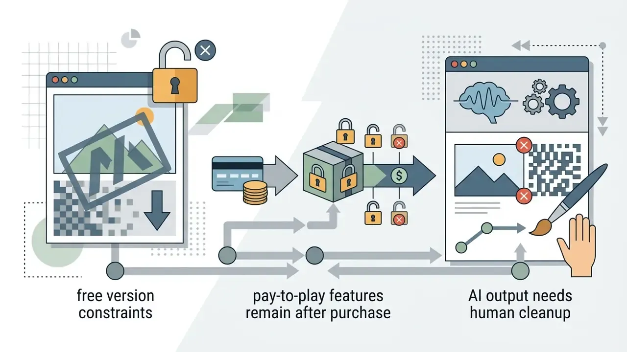 Workflow graphic showing free app constraints, paid feature locks, and manual AI output refinement