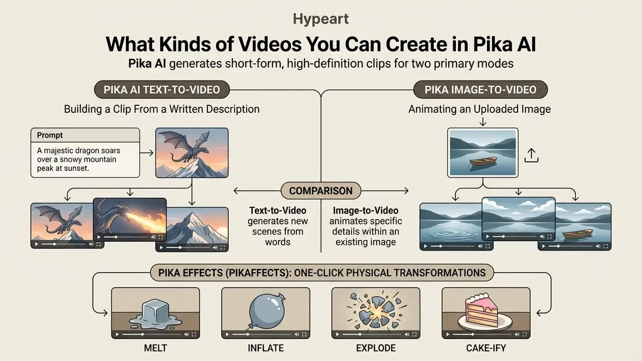 Diagram comparing text-to-video and image-to-video generation modes alongside various Pika effects
