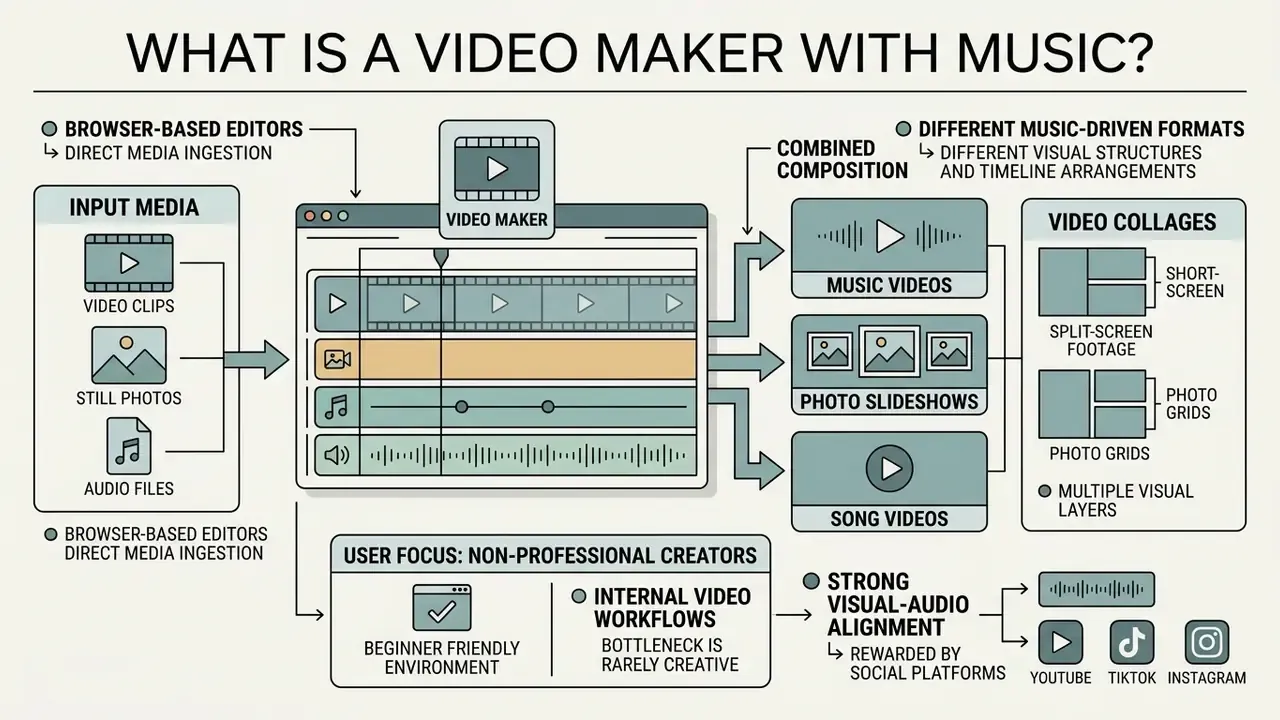 Infographic showing how media files are edited into music videos, photo slideshows, and song videos