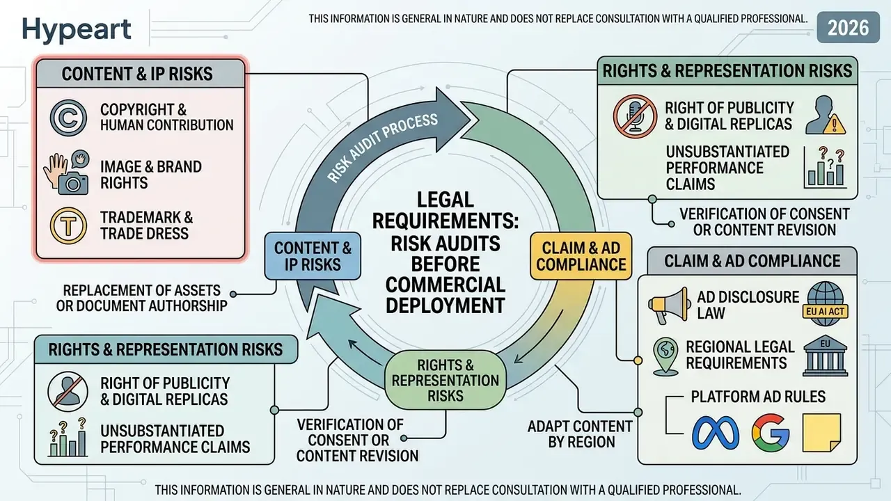 Circular diagram outlining legal risk audit steps for AI video generator commercial use
