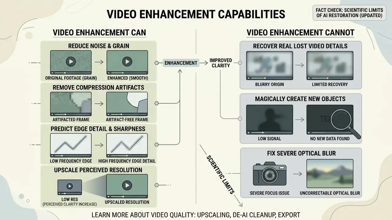 Comparison chart showing what AI video enhancement can achieve versus its inherent scientific limitations