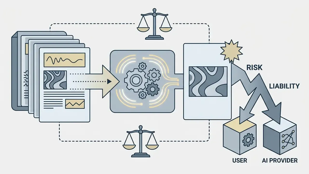 Visual representation showing data input into a processing engine resulting in potential legal liability