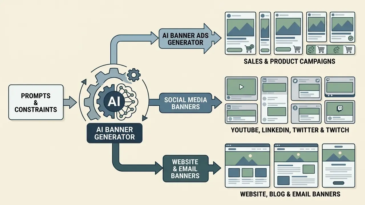 Diagram showing input prompts feeding into a central engine that outputs various marketing assets