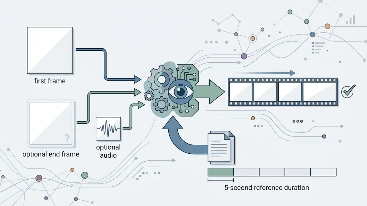 Inputs like frames and audio feed into a processing eye icon to generate a timed film strip output