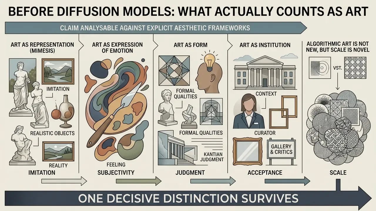 Infographic comparing historical aesthetic frameworks of art with the novel scale of algorithmic production