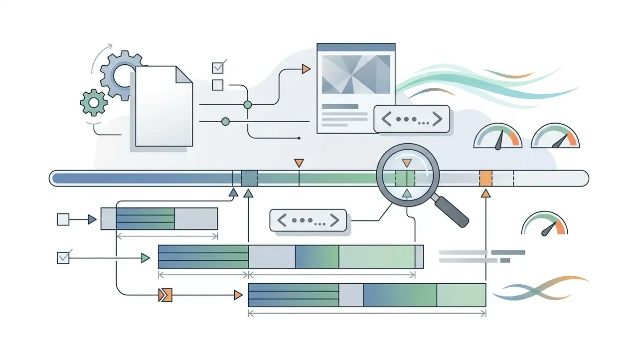 Timeline segments with bracketed time markers and a magnifying glass inspecting audio data intervals