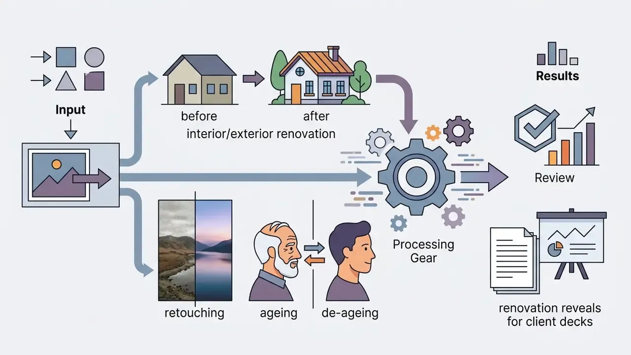 Visual workflow showing image inputs being processed into renovations, retouching, and character changes