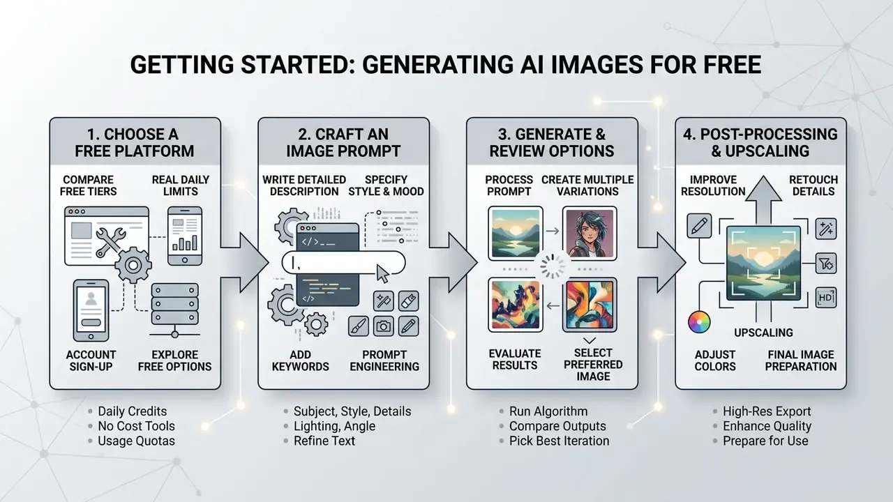 Four-step sequence for using a free AI image generator from platform selection to final upscaling