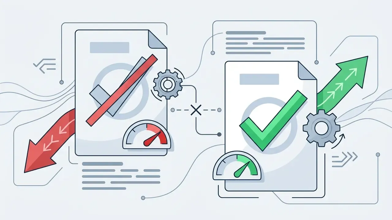 Two document icons showing a transition from a red crossed-out status to a green checked update
