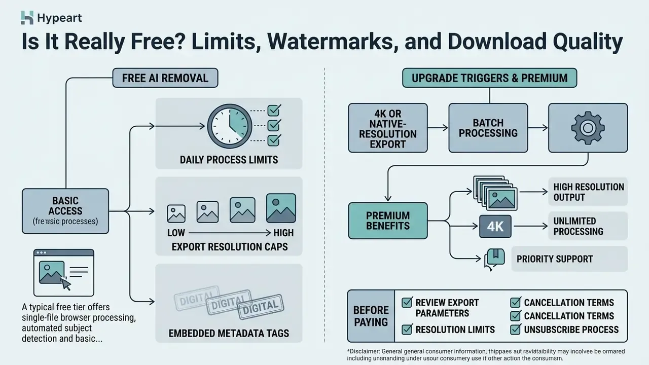 Flowchart comparing free tier limitations against premium benefits for an AI remove person from photo tool