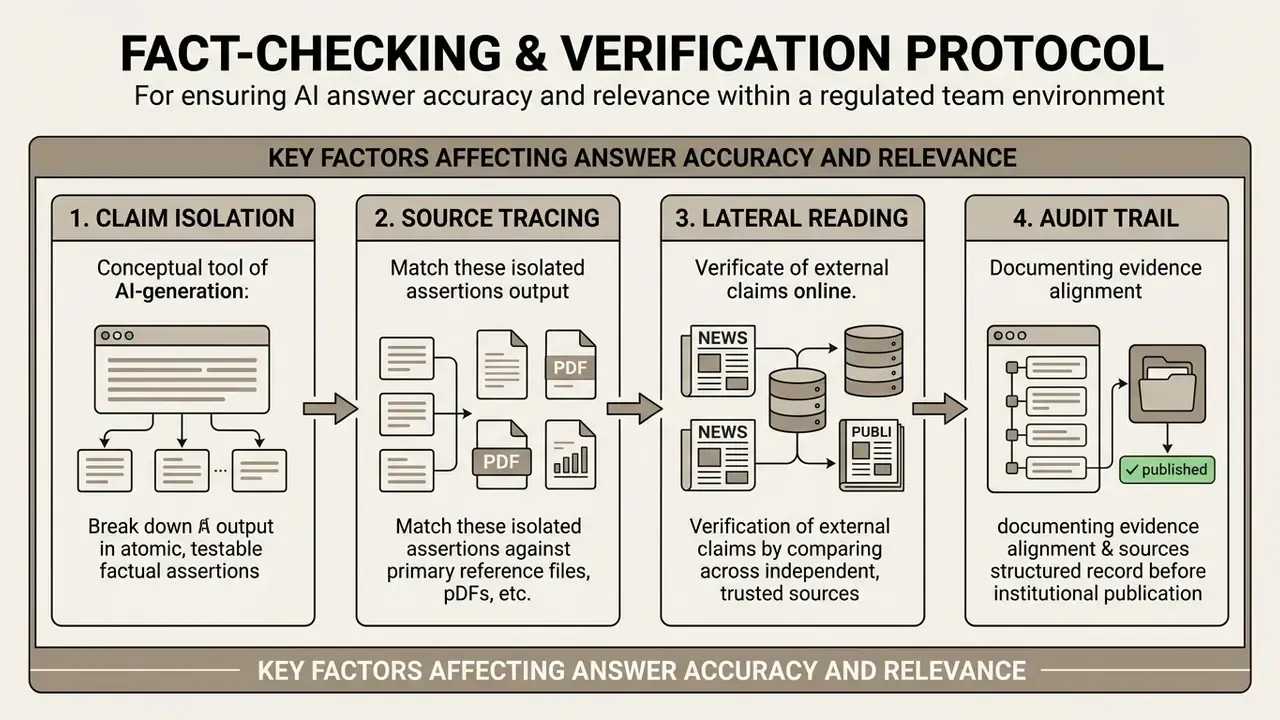 Four-step diagram outlining a protocol for isolating claims, tracing sources, lateral reading, and auditing