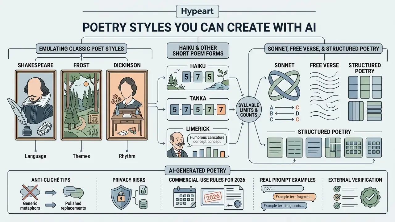 Infographic categorizing poetic forms and techniques including classic styles, syllable counts, and best practices