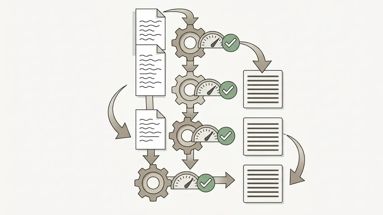 Series of document icons flowing through gear mechanisms with speed gauges and checkmarks
