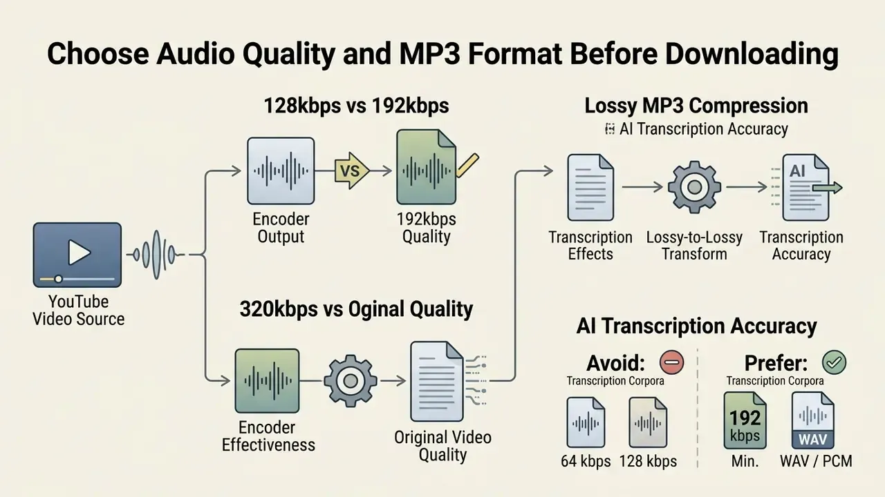 Comparison chart showing how bitrate and compression affect audio quality and AI transcription accuracy