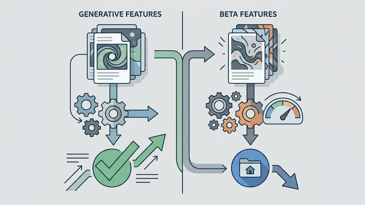 Split view showing generative features with a checkmark and beta features with a folder icon