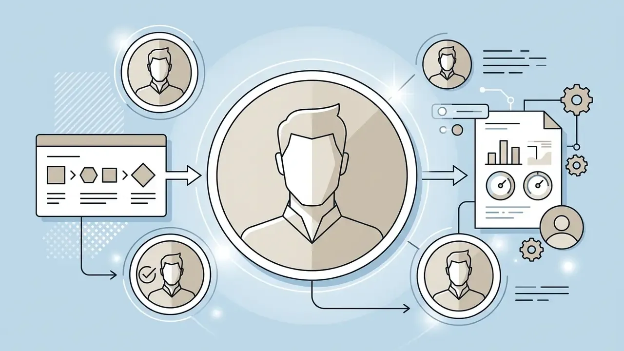 Central portrait icon surrounded by smaller avatars and data documents connected by directional arrows