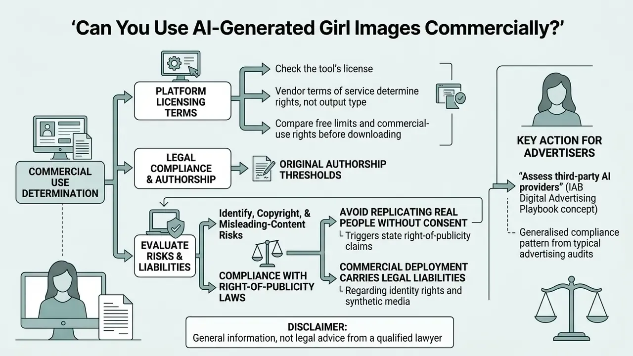 Flowchart outlining legal and licensing considerations for the commercial use of AI-generated images